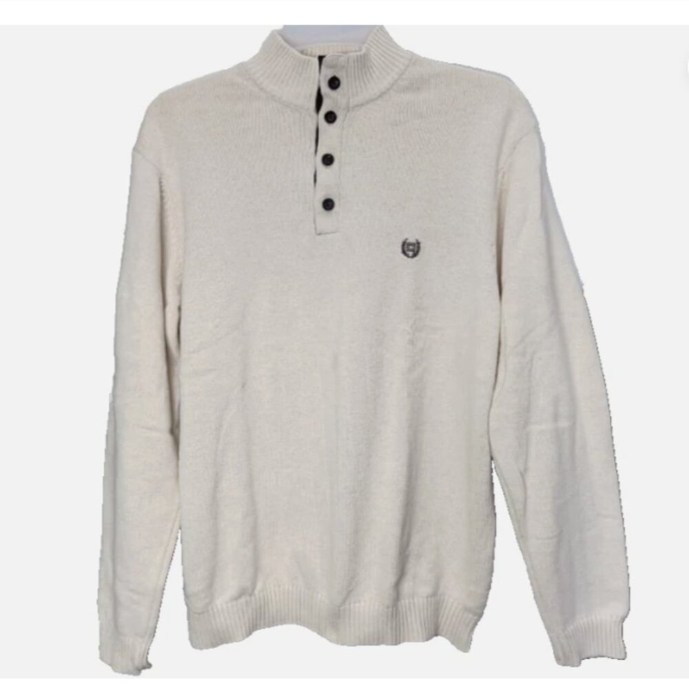 Chaps Men’s XXL Cotton Mock Neck Sweater Cream Elbow Patches Button Pullover